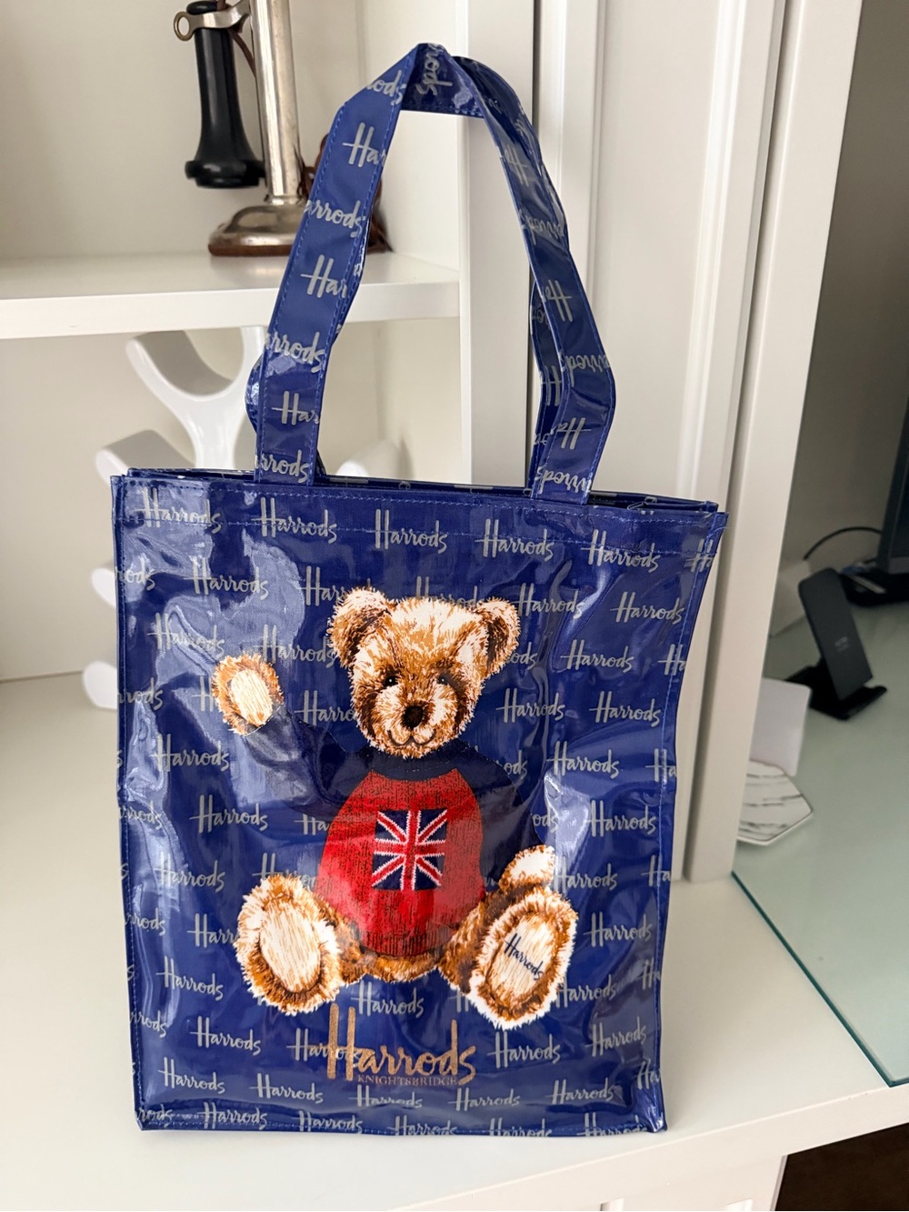 HARRODS Glossy Pvc Blue Teddy Bear Tote Shopping Shoulder Bag Zip Top NEW